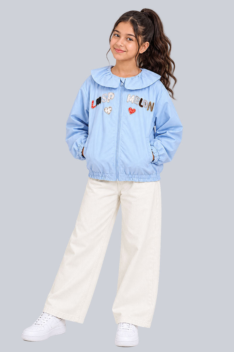 Embroidered Adorable Girls Ruffle Collar Cotton Zip Jacket - Suviara Little