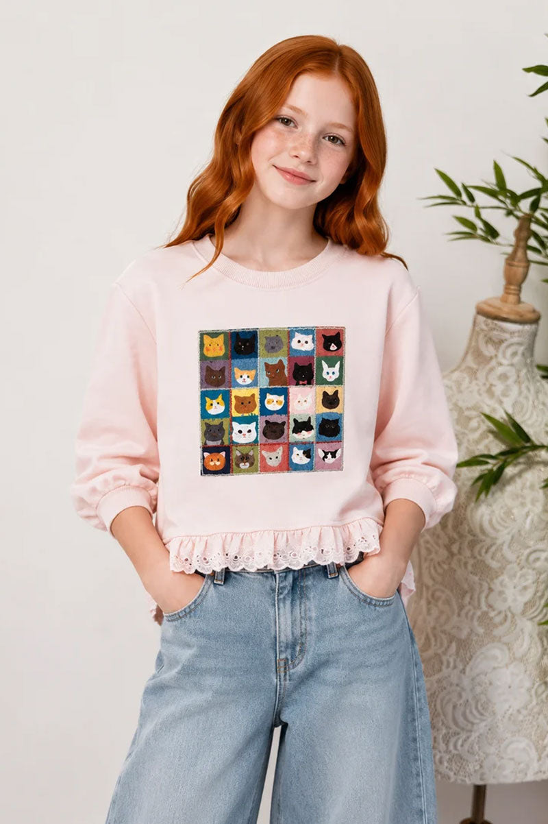 Pink Ruffled Cute Cat Graphic Sweatshirts - Suviara Little