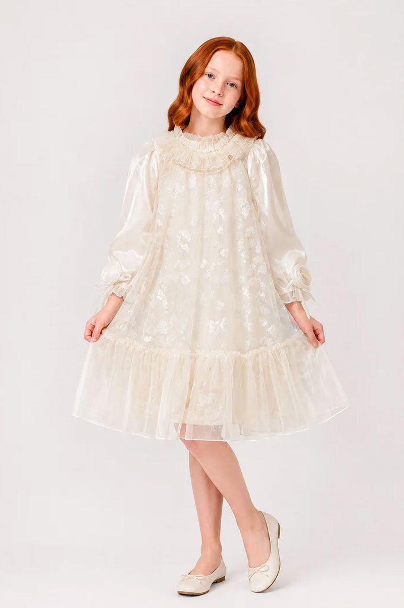 Ruffle Collar Girls Party Dress with White Beau Mesh Floral Lace - Suviara Little