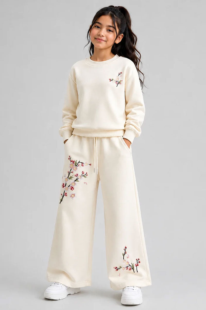 Sakura Embroidery Flower Sweatshirt Wide-Leg Sweatpants - Suviara Little