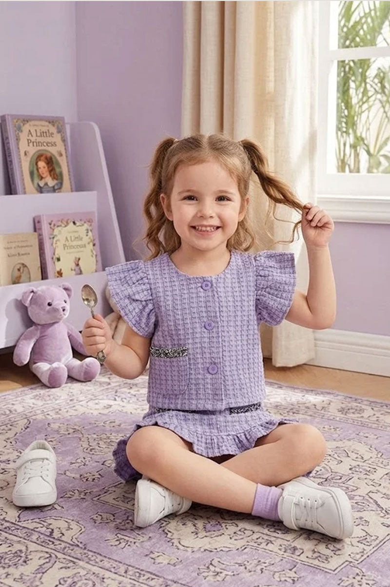 Girl's Purple 2 Piece Tweed Jacket and Skirt Set - Suviara Little