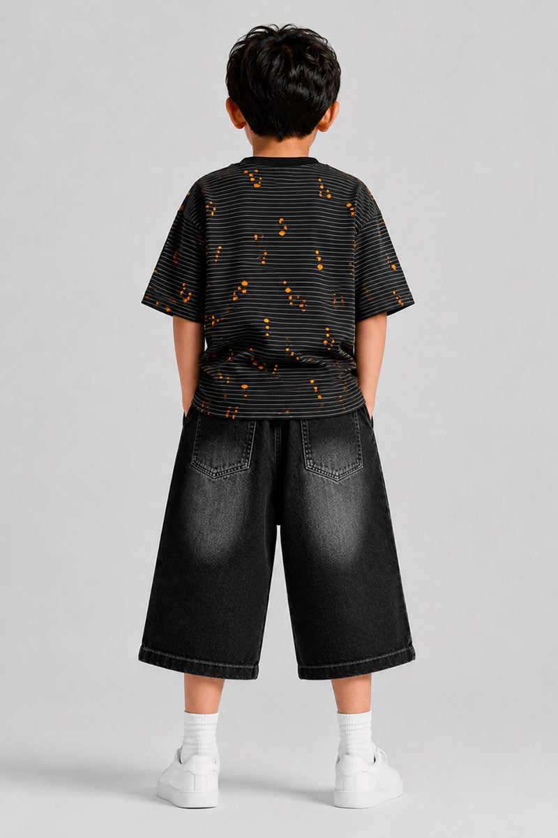 Micro-Stripe Crewneck Short Sleeve T-Shirt with Orange Splatter Pattern - Suviara Little - Photo 5