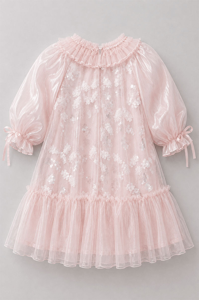 Ruffle Collar Pink Beau Mesh Floral Lace Party Dress - Suviara Little - Photo 5