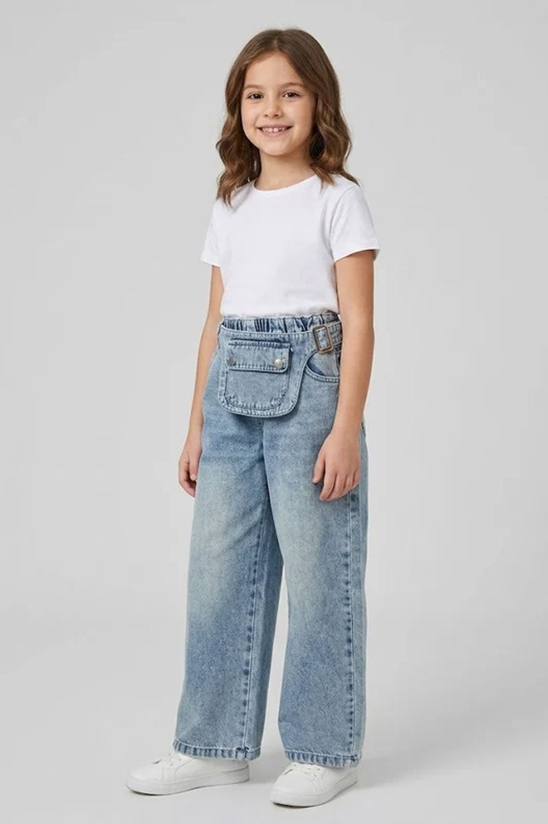 Wide Leg Denim Jeans With Belt For Kids - Suviara Little