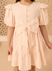 Schiffli Embroidered Dress with Bow Accent