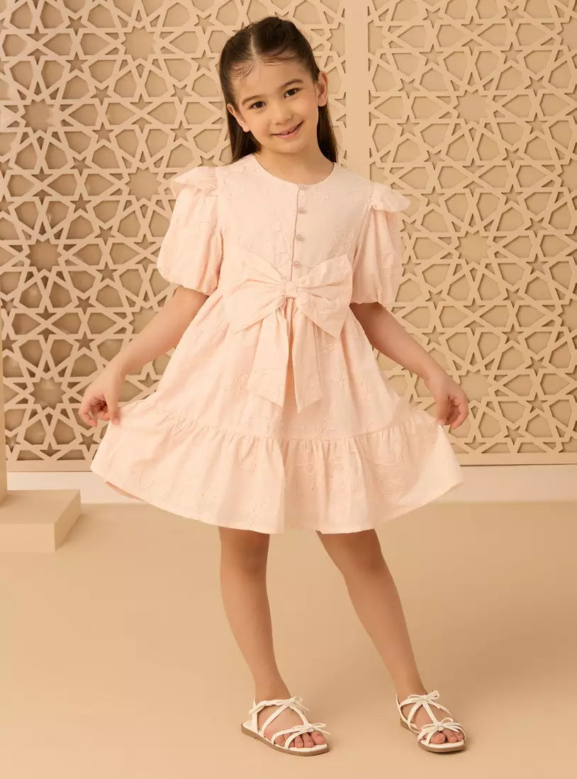 Schiffli Embroidered Dress with Bow Accent