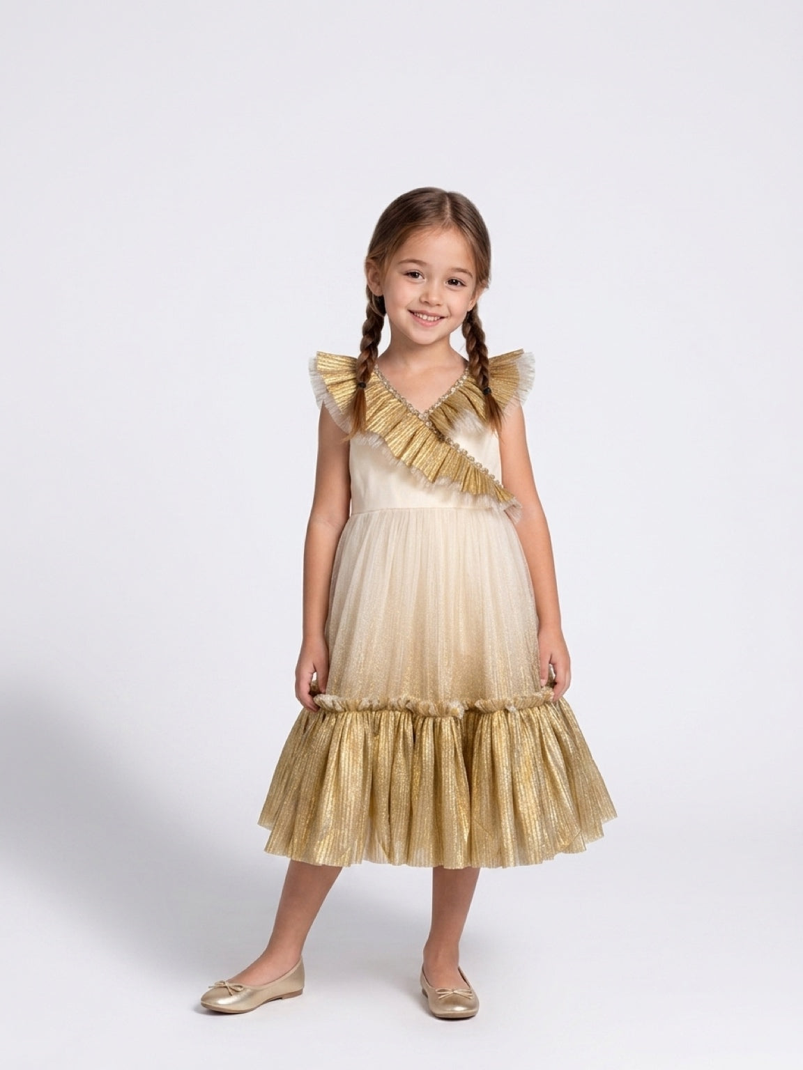 Girls Gold Bow Tulle Party Dress - Suviara Little - Photo 4