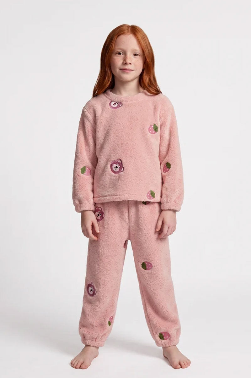 Kids Strawberry Bear Fluffy Fleece T-Shirt & Pyjama Set - Suviara Little