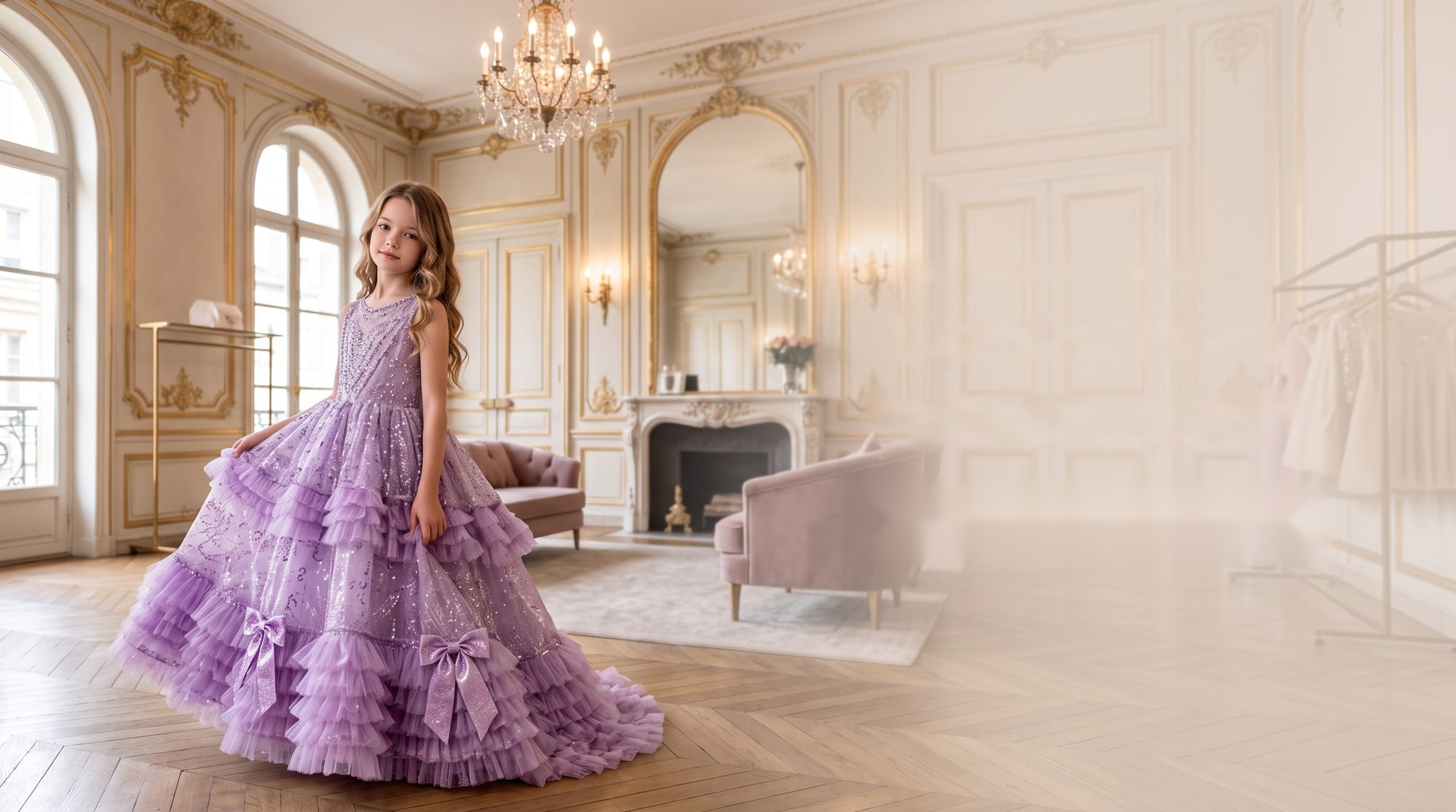 Girl in a lilac tiered tulle couture gown in an elegant Parisian salon