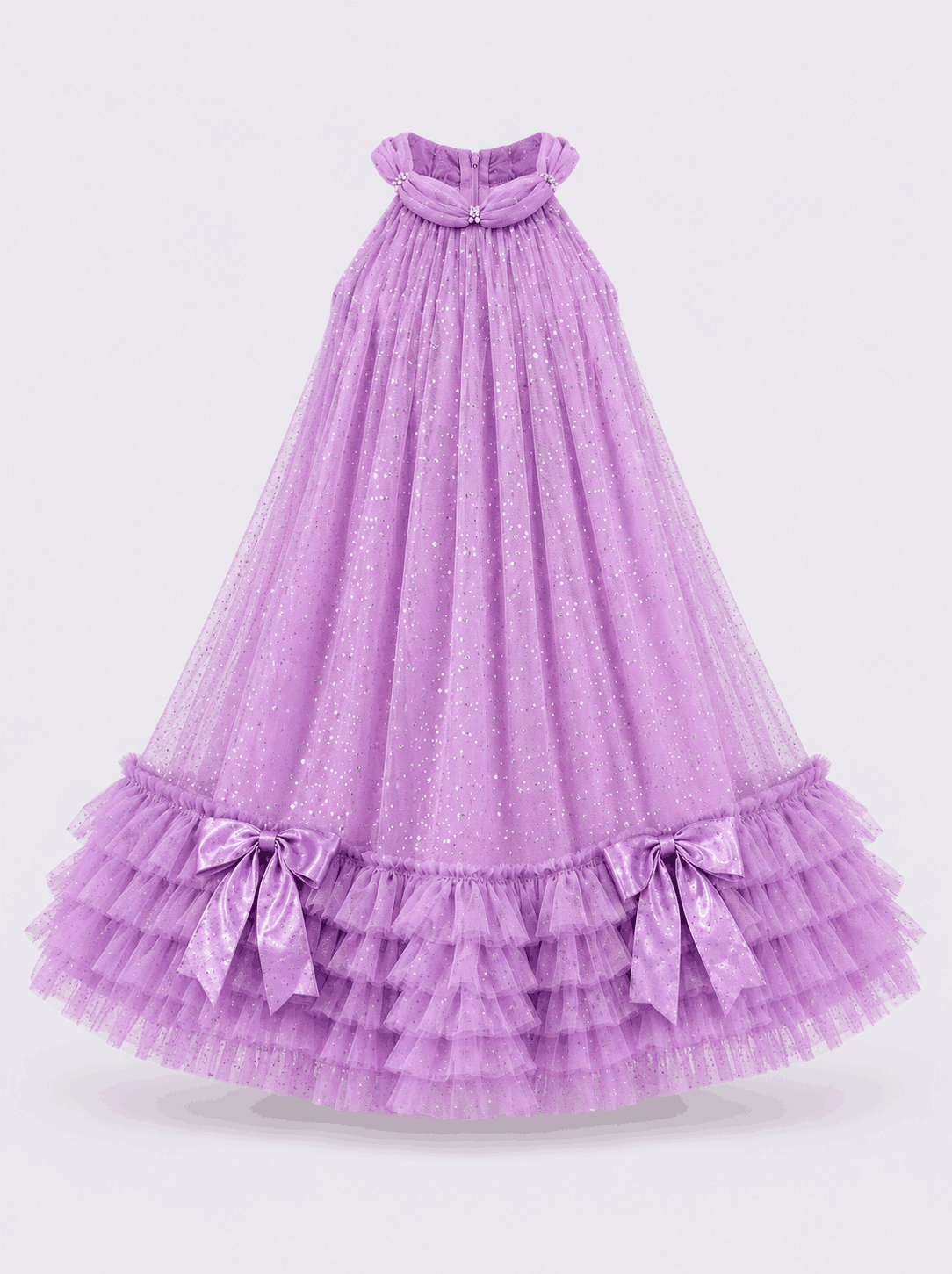 Girls Party Dress with Bow Tie Sleeveless Ruffle Hem Mesh Style - Suviara Little