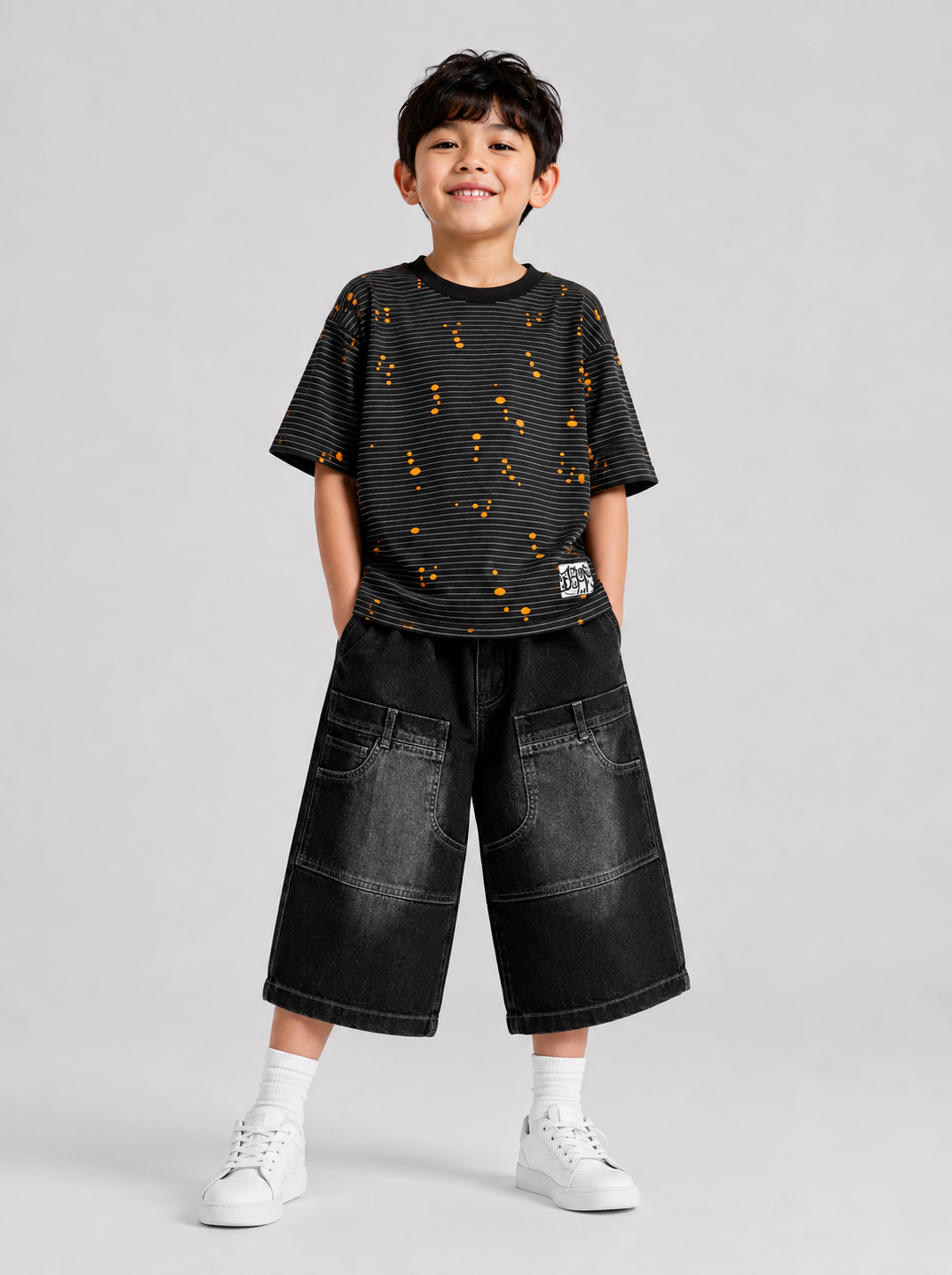 Micro-Stripe Crewneck Short Sleeve T-Shirt with Orange Splatter Pattern