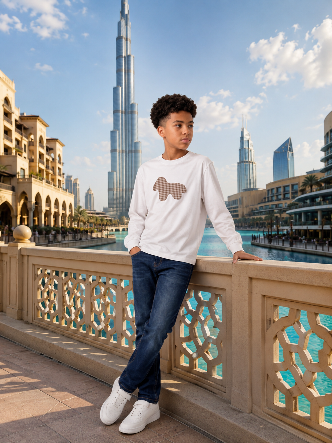 Boys' Long-Sleeve White T-Shirt -Gingham Patch