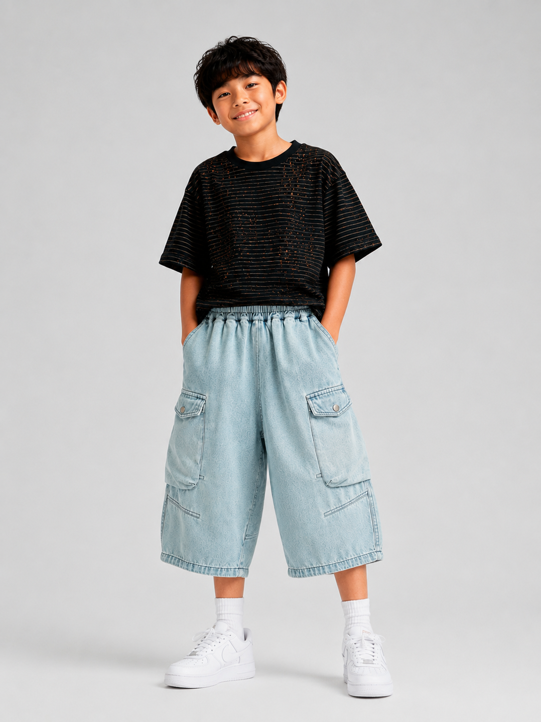 Unisex Baggy Loose Fit Denim Cargo Shorts Light Blue