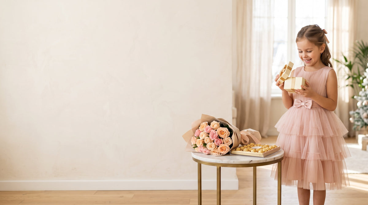 Girl in a Suviara party dress opening a gift, with roses and chocolates