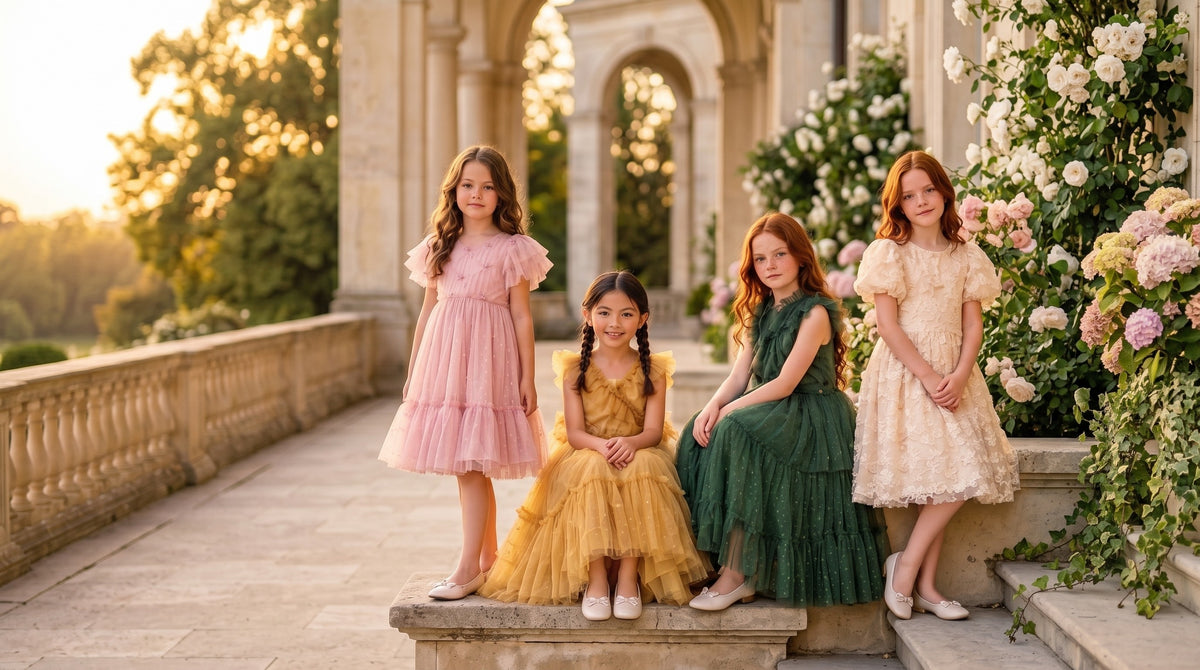 New arrivals: girl in an occasion dress on a terrace