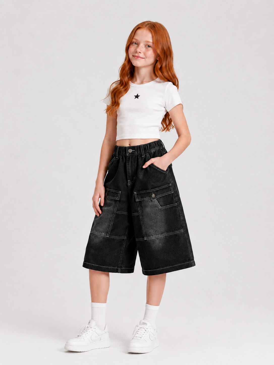 Multi-Pocket Wide-Leg Denim Cargo Shorts Black