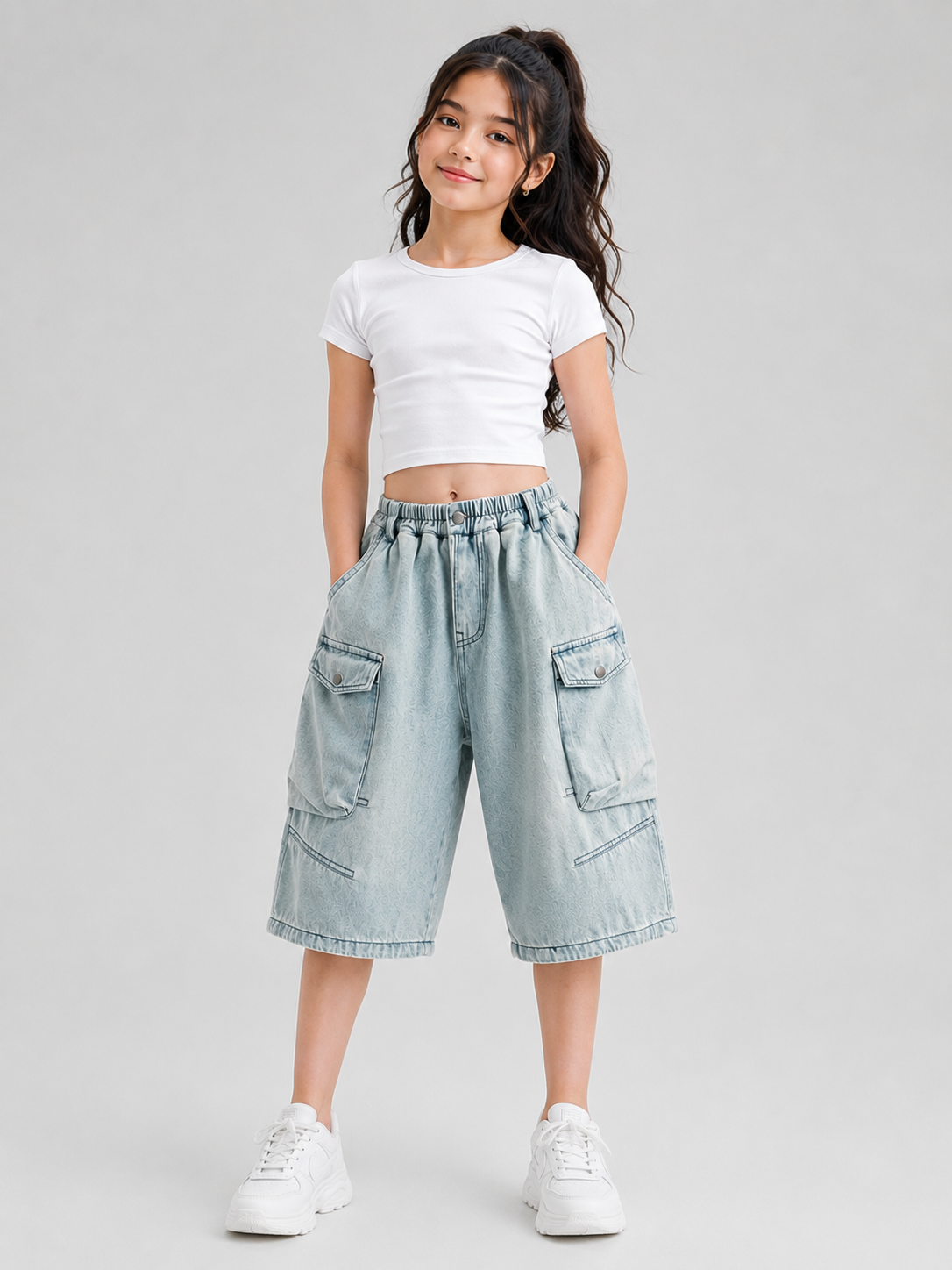 Unisex Baggy Loose Fit Denim Cargo Shorts Light Blue