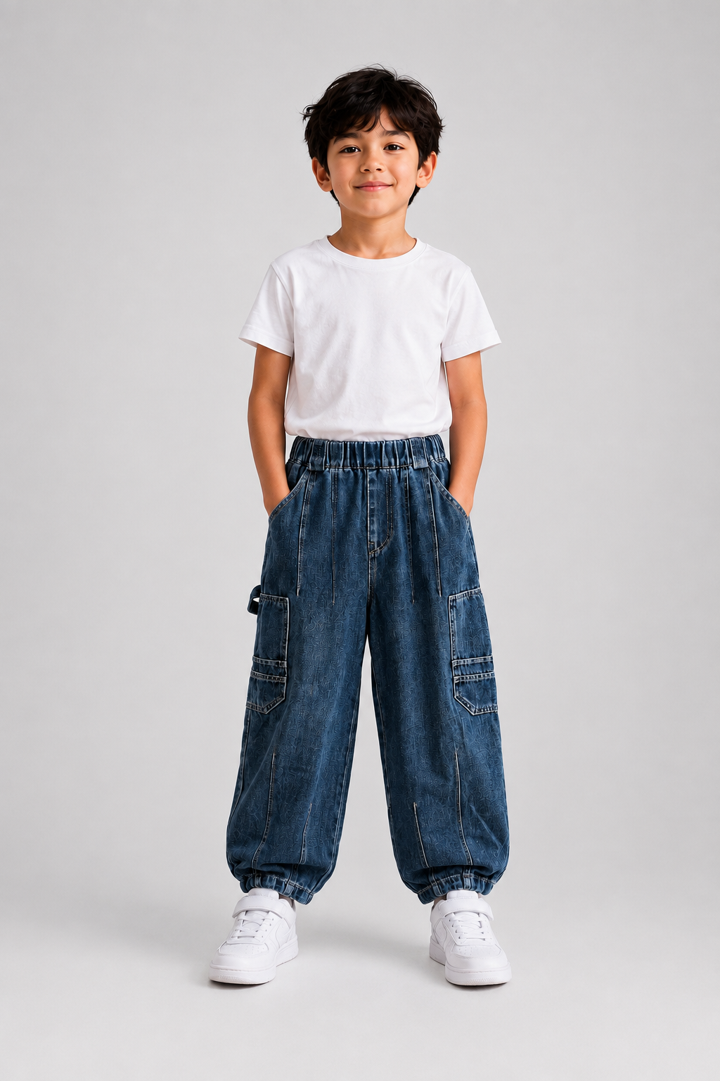 Multi-Pocket Wide-Leg Denim Cargo Jeans Pants for Kids