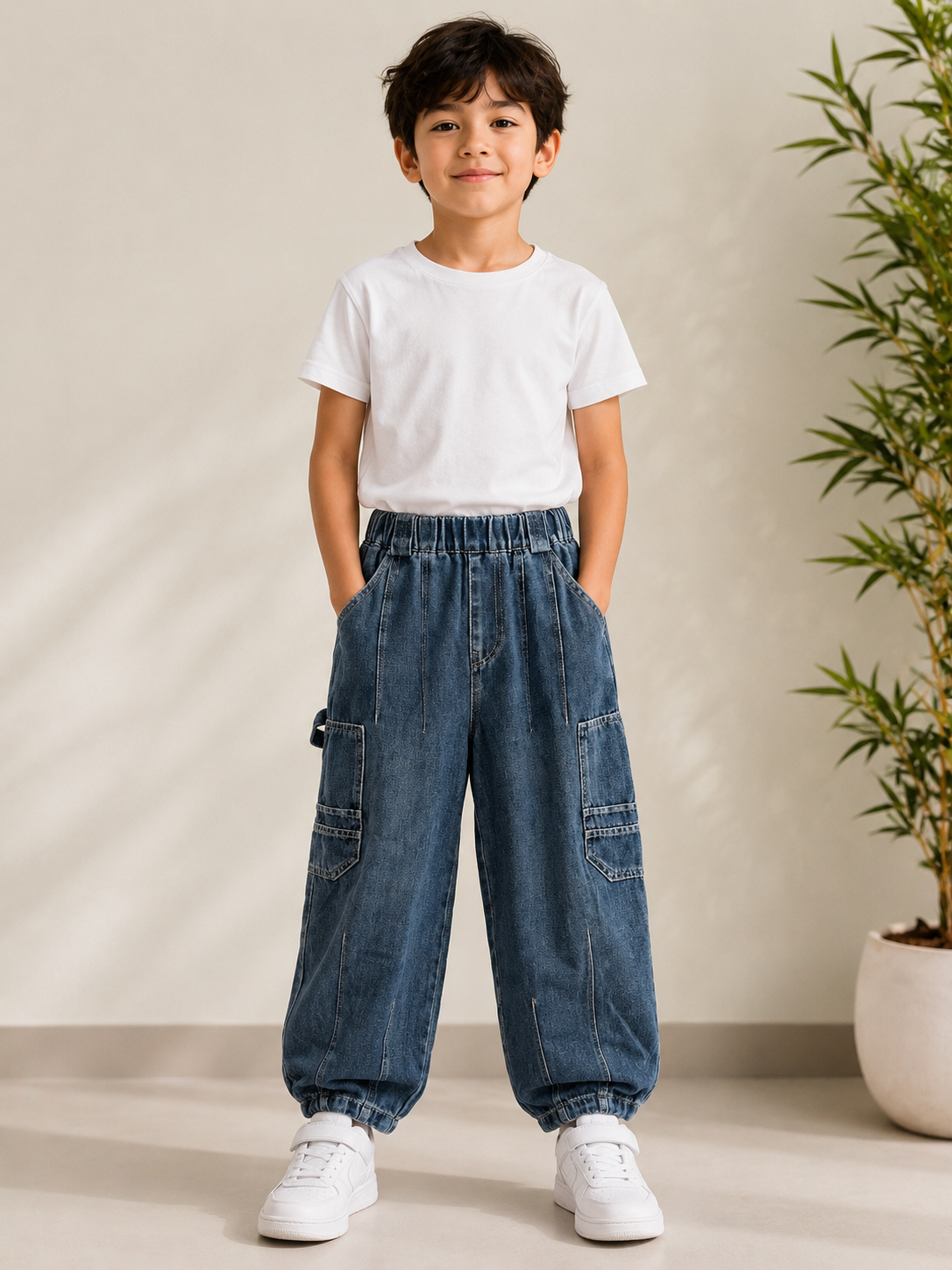 Multi-Pocket Wide-Leg Denim Cargo Jeans Pants for Kids
