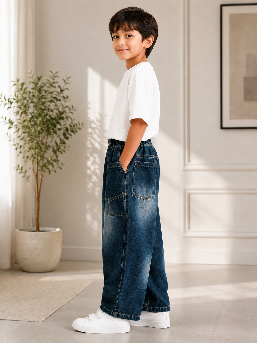 Wide-Leg Denim Cargo Jeans Pants for Kids