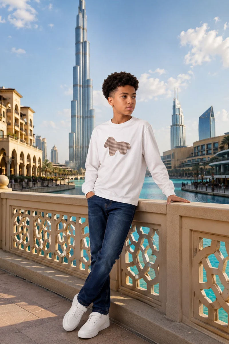 Boys' Long-Sleeve White Gingham Patch T-Shirt - Suviara Little