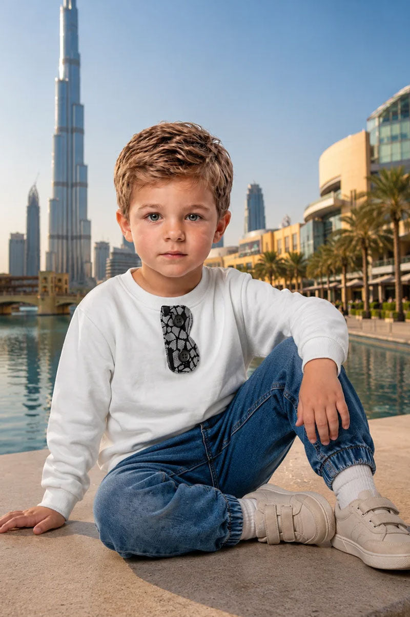 Kids Crewneck Sweatshirt with Textured Appliqué Placket - Suviara Little - Photo 6